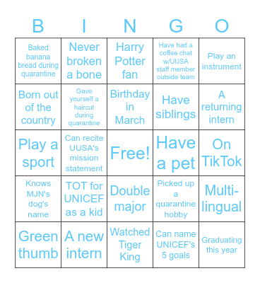 Intern Mixer Bingo Card