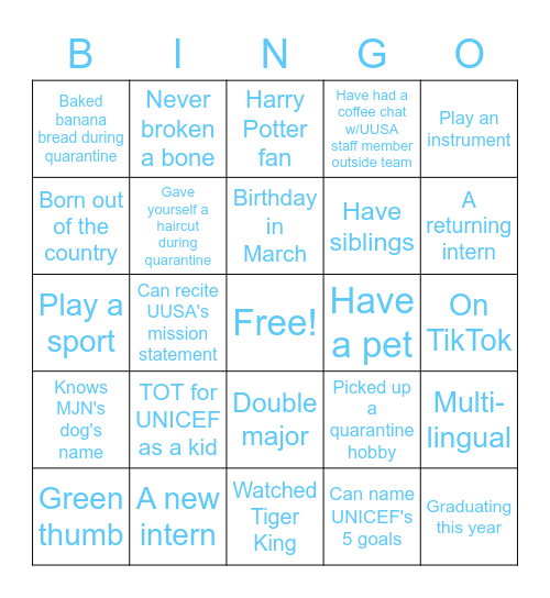 Intern Mixer Bingo Card