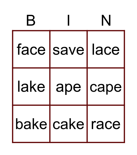 -ace/-ake-/ape/-ave Bingo Card