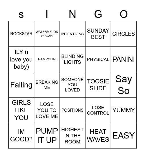 Popular 2021 Hits Bingo Card