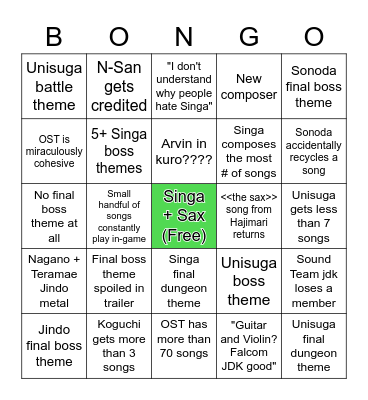 Kuro no Kiseki OST BONGO Bingo Card