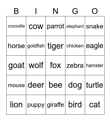 Animals Bingo Card