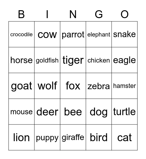 Animals Bingo Card