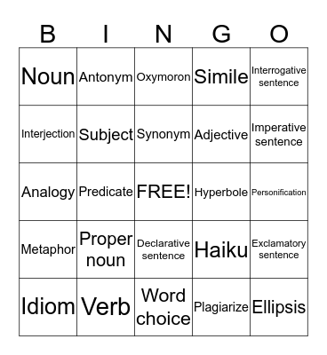 LANGUAGE VOCAB BINGO Card