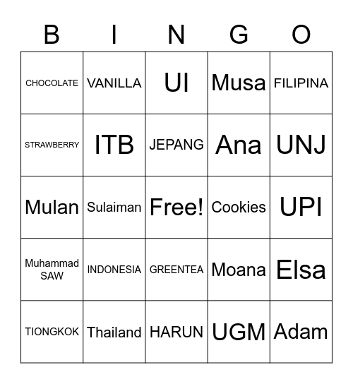 TARA NADHIRA NUR ASYIDA Bingo Card
