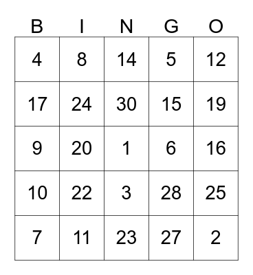 NUMBER BINGO Card