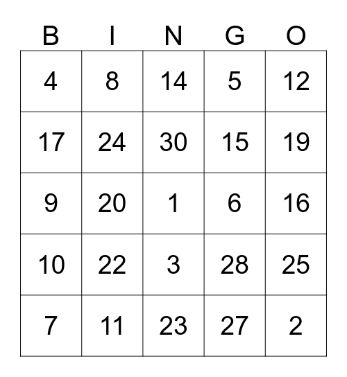 NUMBER BINGO Card