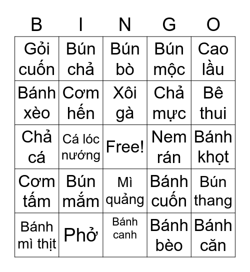 Các món ăn Bingo Card