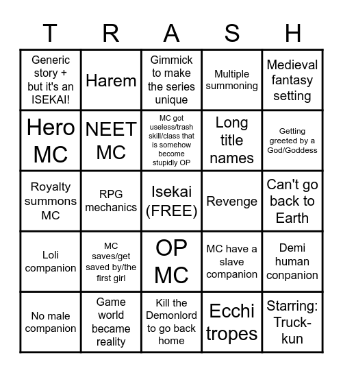 Isekai Trashlist Bingo Card