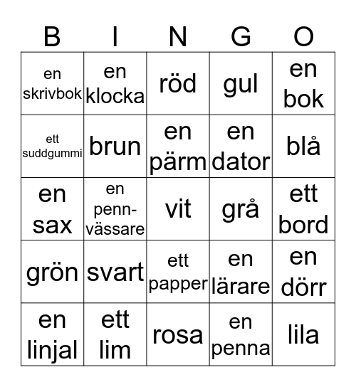 SKOLORD OCH FÄRGER Bingo Card
