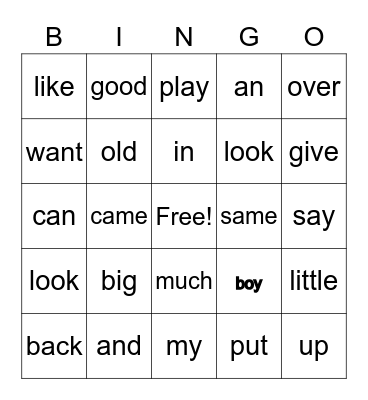 Sight Words Bingo Card