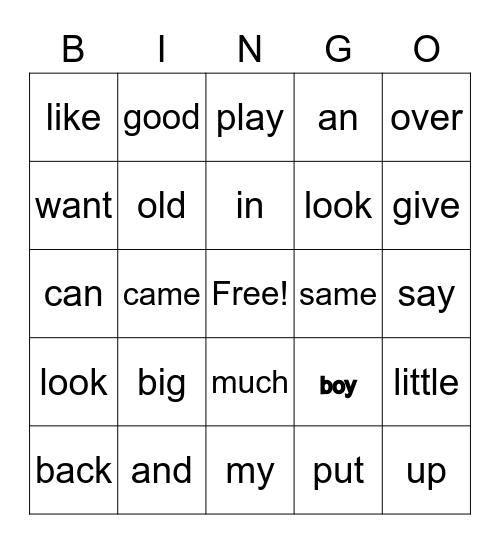 Sight Words Bingo Card