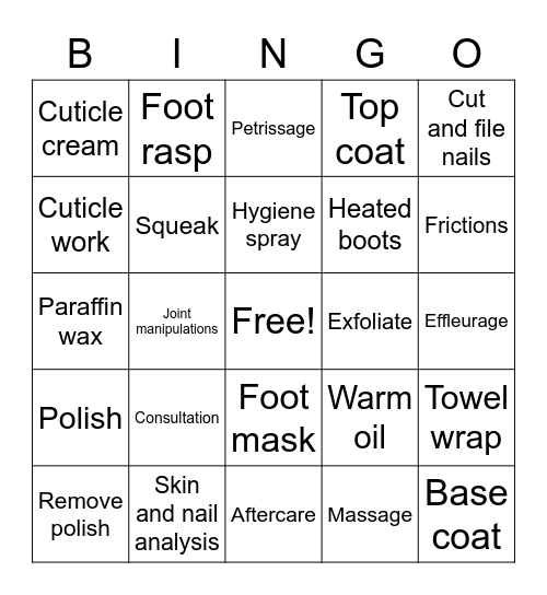 Pedicure Bingo Card