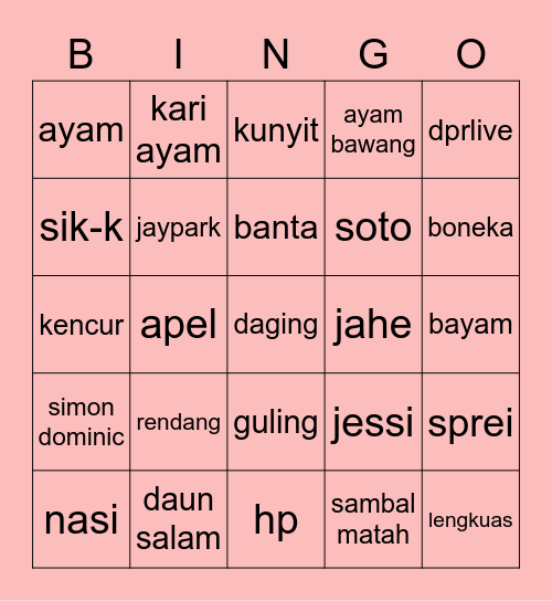 JENNIE CUTE GIRL Bingo Card