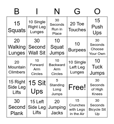 Fitness Bingo Card