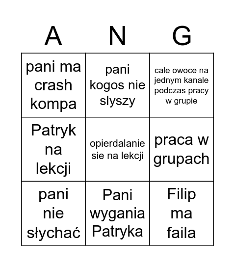 Anglik Bingo Card