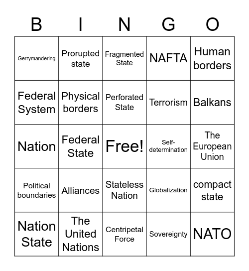 Political Geography Vocab Bingo Card