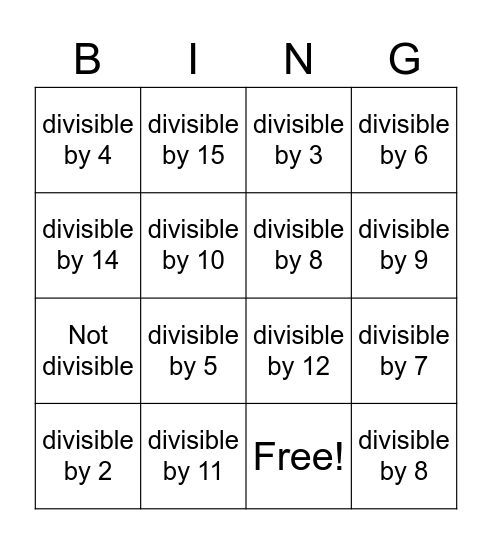 Divisibility Bingo Card