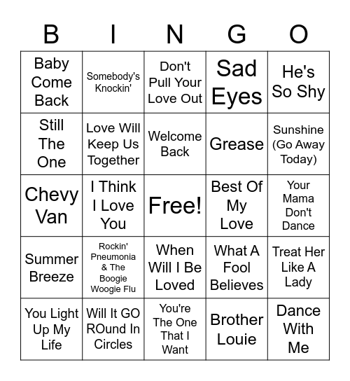 70s Hits Bingo Card