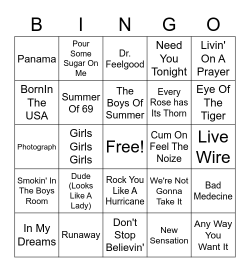 80's Rock Anthems Bingo Card