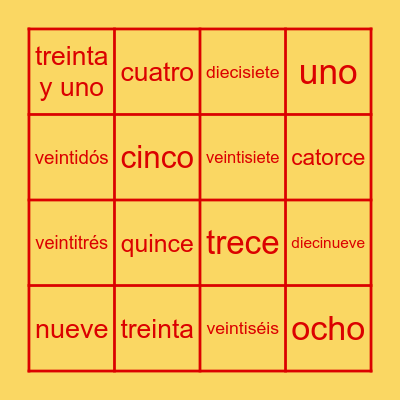 Los números die- Bingo Card