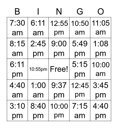 Wie viel Uhr ist es? Bingo Card