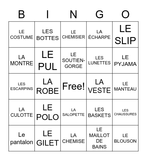 Le rayon vêtements Bingo Card