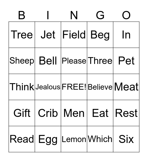 Word Family Bingo Card