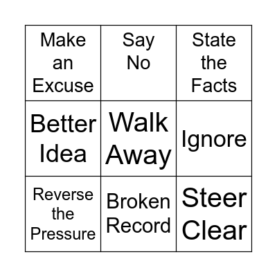 Peer Pressure Strategies Bingo Card