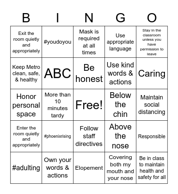 Metro Expectations Bingo Card