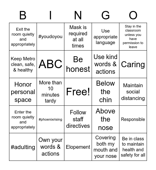 Metro Expectations Bingo Card