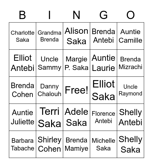Saka Family Bingo Card