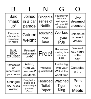 Pandemic Anniversary Bingo Card