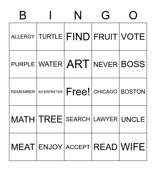 ASL Bingo Card