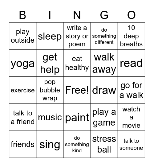 Coping Skills Bings Bingo Card