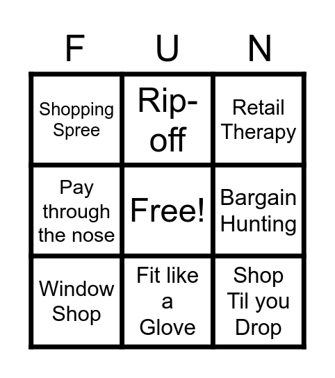 Shop Til You Drop Bingo Card