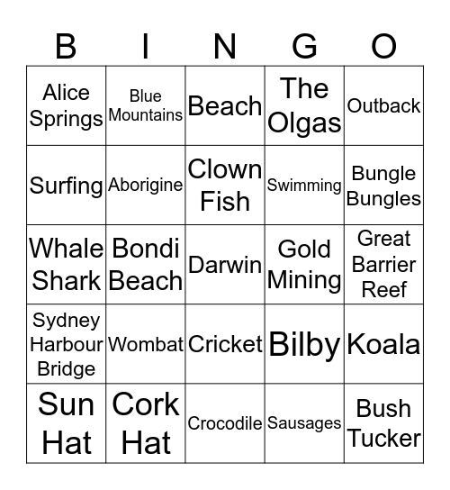 Australian Bingo Card