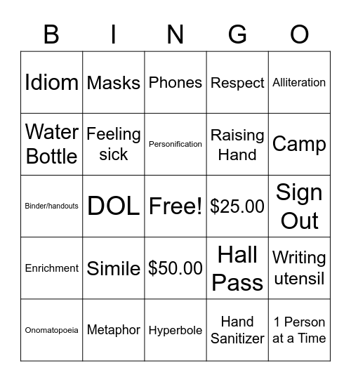 ELA Bingo Card