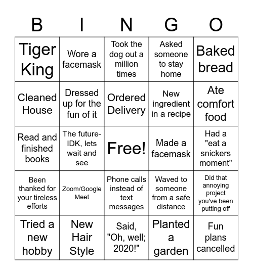 Quarantine Bingo Card