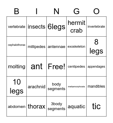 Arthropod Bingo Card