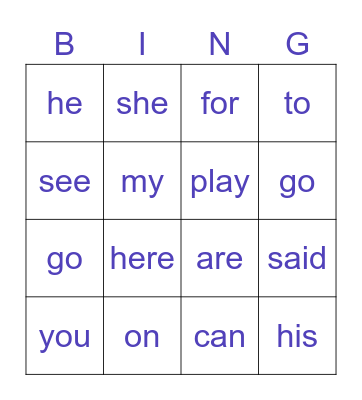 Kindergarten Sight Words Bingo Card