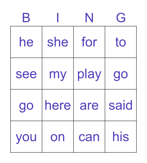 Kindergarten Sight Words Bingo Card