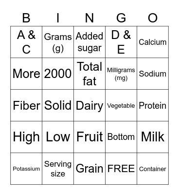 Nutrition Facts Bingo Card