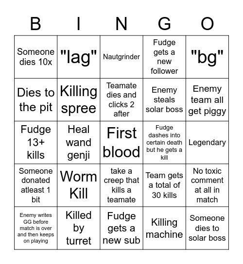 F U D G E Bingo Card