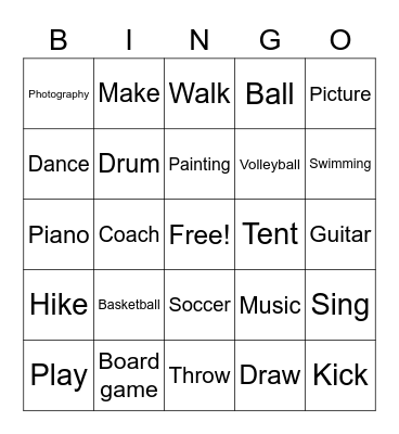 Activities and Hobbies ASL Signs Bingo Card