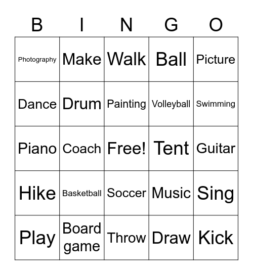 Activities and Hobbies ASL Signs Bingo Card