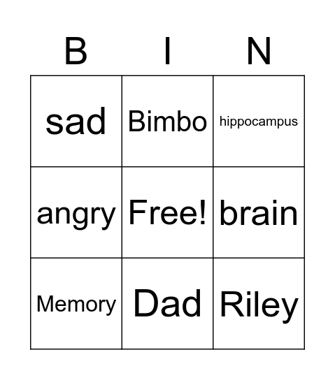 Inside Out Bingo Card