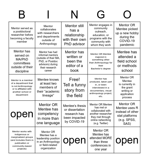 HBA Bingo Card