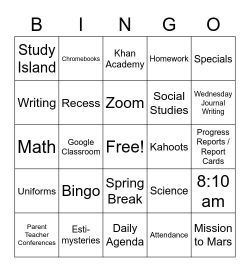 TECA 6th grade Bingo Card