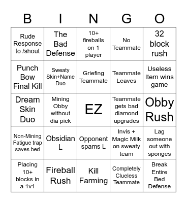 Bedwars Bingo Card